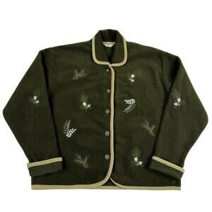 Green Nature Embroidered Botanical Button Granola Fleece Sweater Size Large
